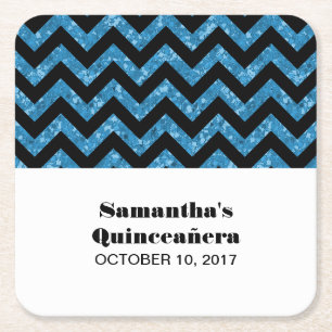 Blue Chevron Glitter Quinceañera Coasters