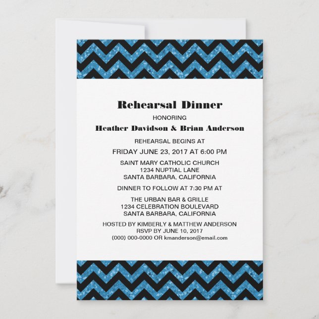 Blue Chevron Glitter Rehearsal Dinner Invite (Front)