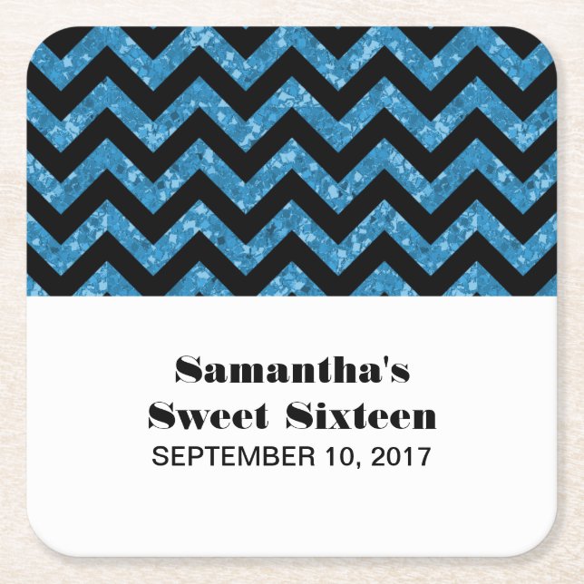 Blue Chevron Glitter Sweet 16 Paper Coasters (Front)