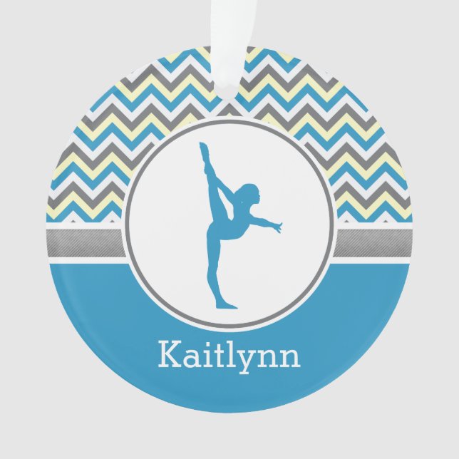 Blue Chevron Gymnast Personalized w/ Monogram Ornament (Front)