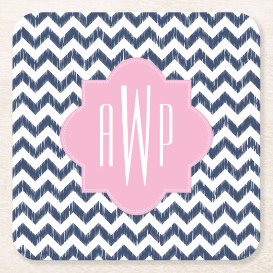 Blue Chevron Ikat Monogram Square Paper Coaster