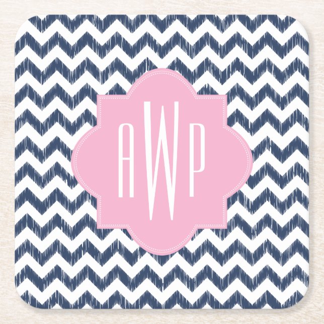 Blue Chevron Ikat Monogram Square Paper Coaster (Front)