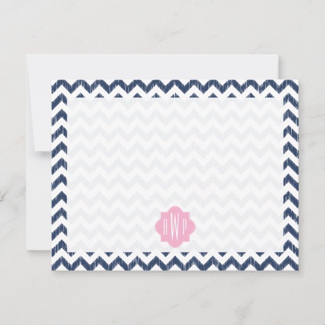 Blue Chevron Ikat Monogrammed Flat Notecard (Front)