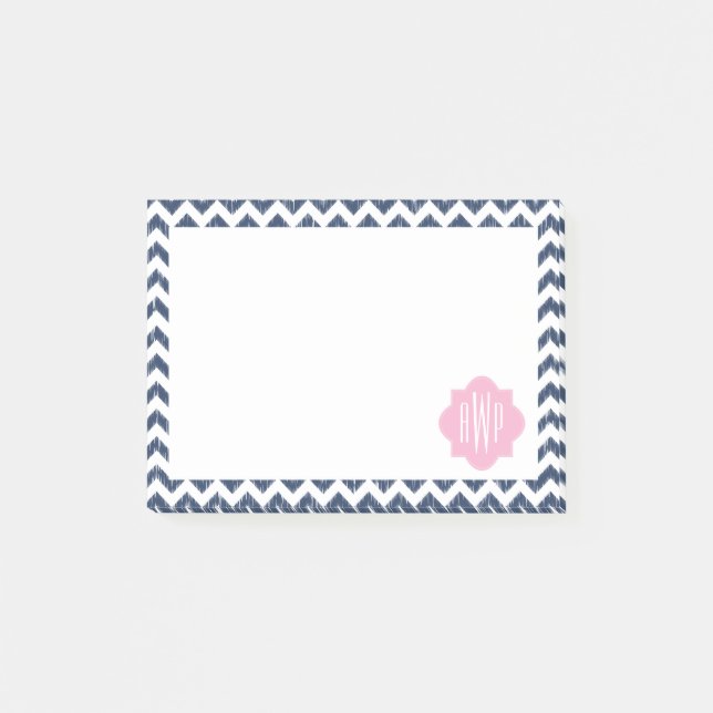 Blue Chevron Ikat Monogrammed Post It Notes (Front)