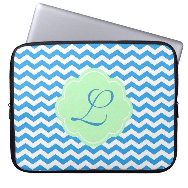 Blue chevron, light green shape, monogram laptop sleeve (Front)