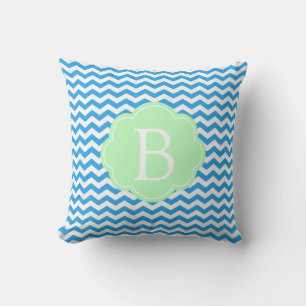 Blue chevron, light green shape, monogram throw pillow