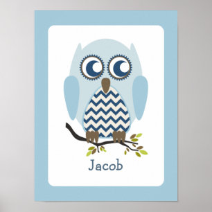 Blue + Chevron Owl Personalized Nursery Artwork Poster