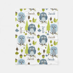 Blue Chevron Owls Personalized Fleece Blanket