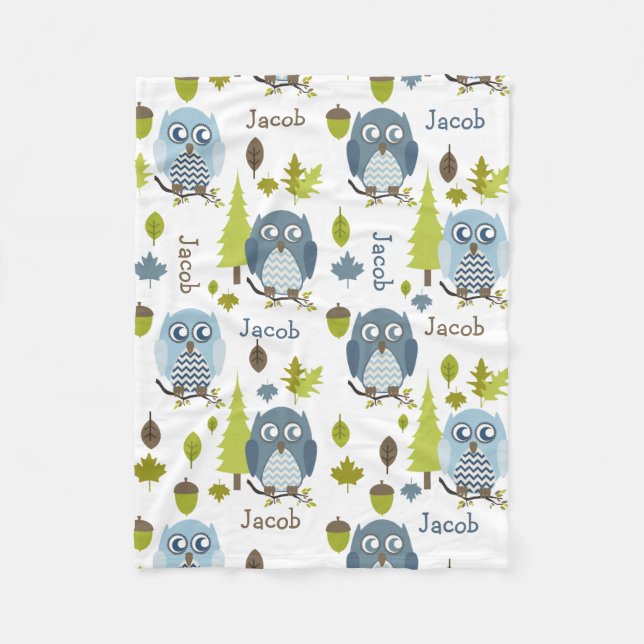 Blue Chevron Owls Personalized Fleece Blanket (Front)