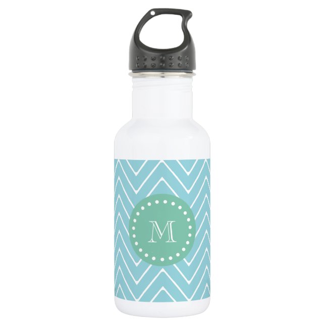 Blue Chevron Pattern | Mint Green Monogram 532 Ml Water Bottle (Front)