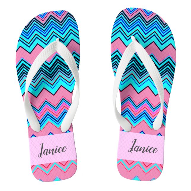 Blue Chevron Pattern with Name Flip Flops (Footbed)