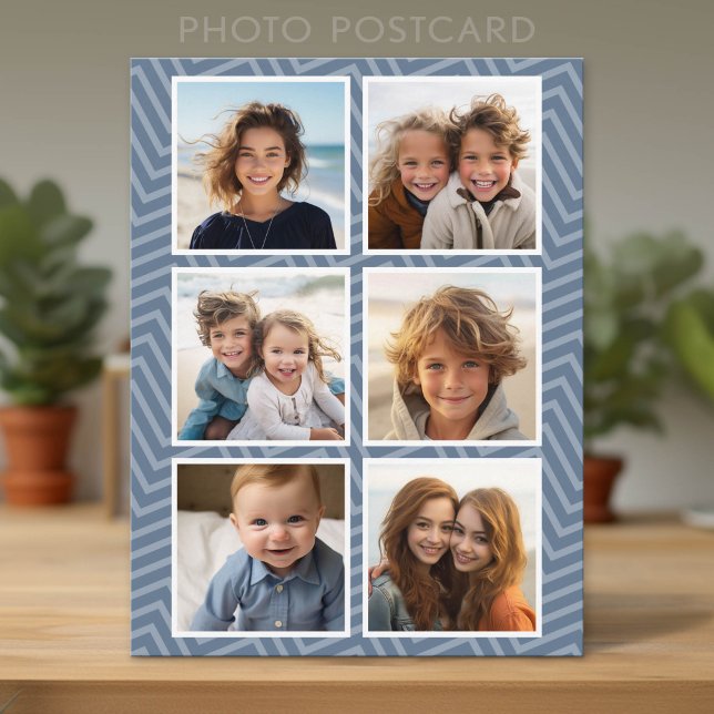 Blue Chevron Pattern with Trendy 6 Photo Collage Postcard (Photo Postcard - Add Your Photos for a unique greeting card)