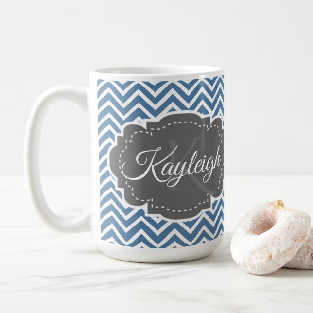 Blue Chevron Personalized Coffee Mug (With Donut)