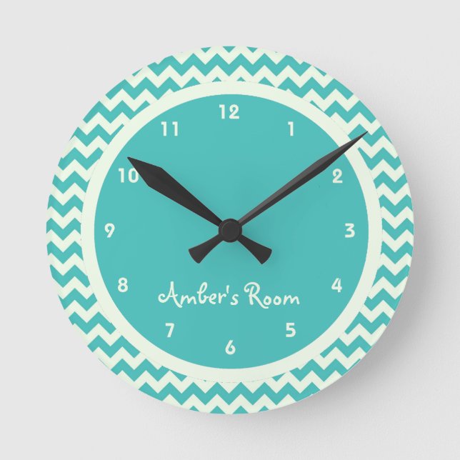 Blue Chevron Personalized Kid's Bedroom Round Clock (Front)