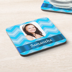 Blue chevron personalized photo template coaster