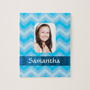 Blue chevron personalized photo template jigsaw puzzle