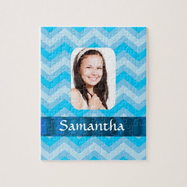 Blue chevron personalized photo template jigsaw puzzle (Vertical)