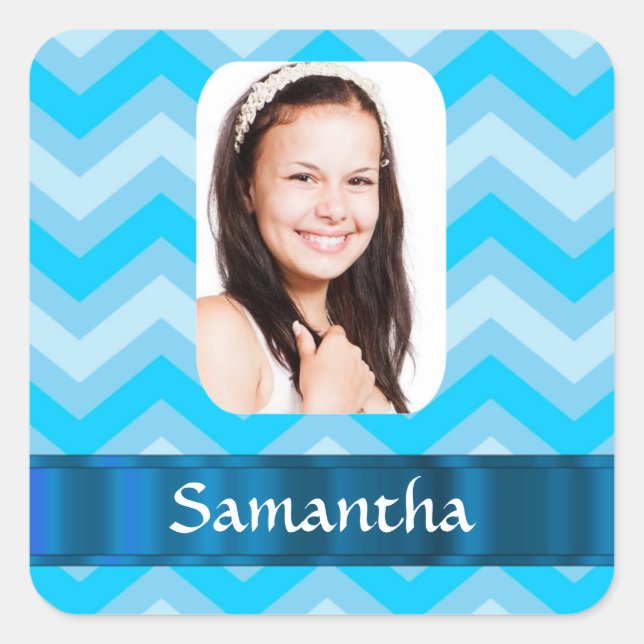 Blue chevron personalized photo template square sticker (Front)