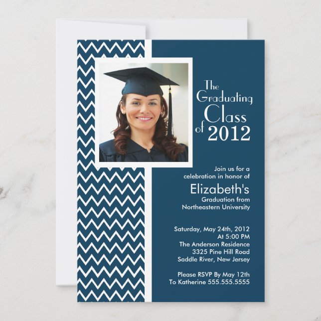 Blue Chevron Photo Graduation Party Invitation (Front)