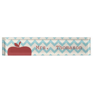 Blue Chevron Red Apple Teacher Nameplate