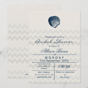 Blue Chevron Seashell Beach bridal shower Invites