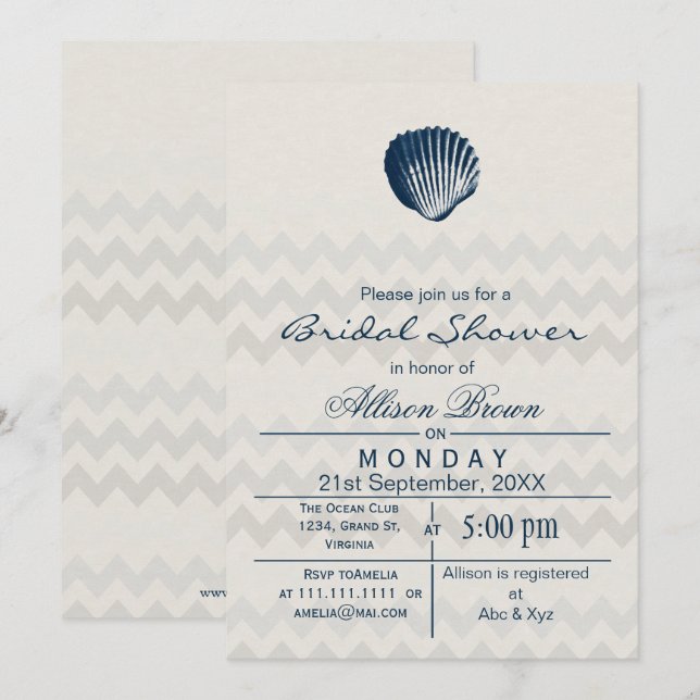Blue Chevron Seashell Beach Invitations de douche  (Devant / Derrière)