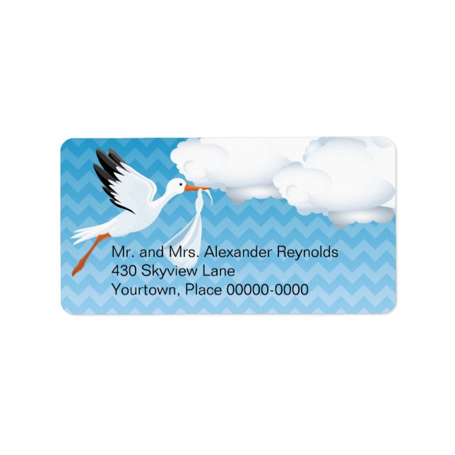 Blue Chevron Stork Baby Delivered Return Address Label (Front)