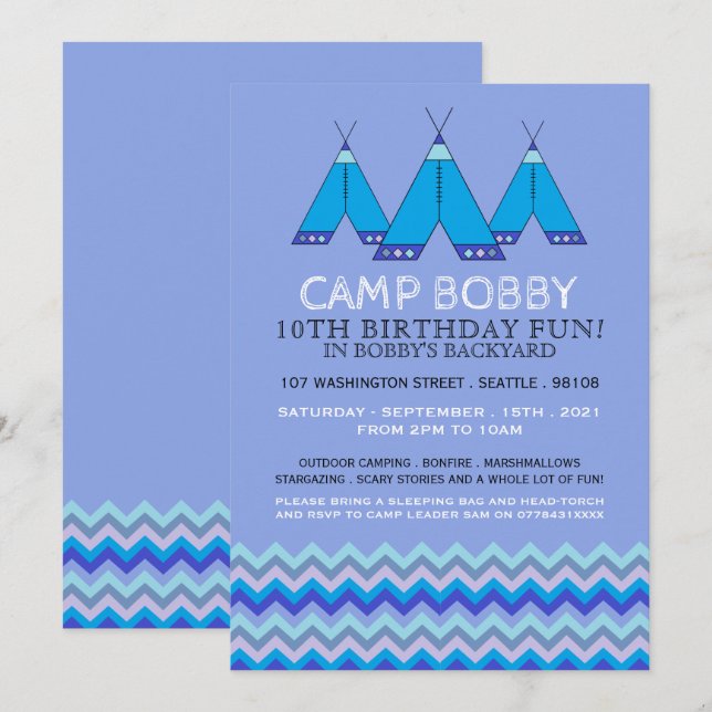 Blue Chevron Tipi, Camping Birthday Invitation (Front/Back)