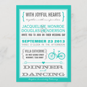 Blue Chevron Trendy Bicycle Hearts Wedding Invite