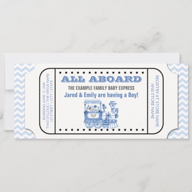 Blue Chevron Vintage Train Ticket Baby Shower Invitation (Front)