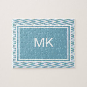 Blue Chevron with Monogram Jigsaw Puzzle