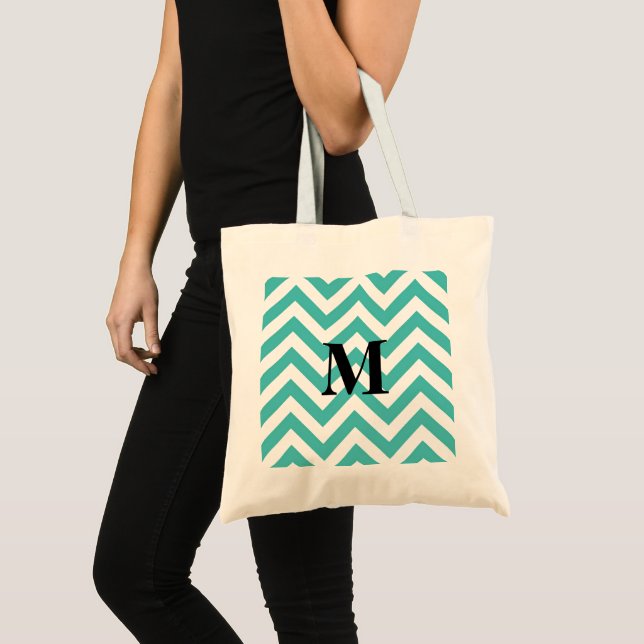 Blue Chevron with Monogram Tote Bag (Front (Product))