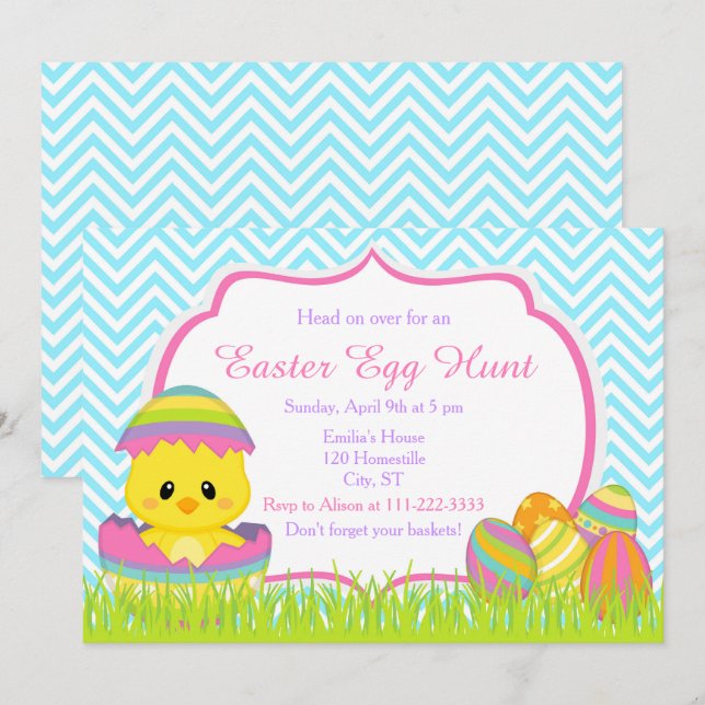 Blue Chevrons Easter Chick Easter Egg Hunt Invitation (Front/Back)