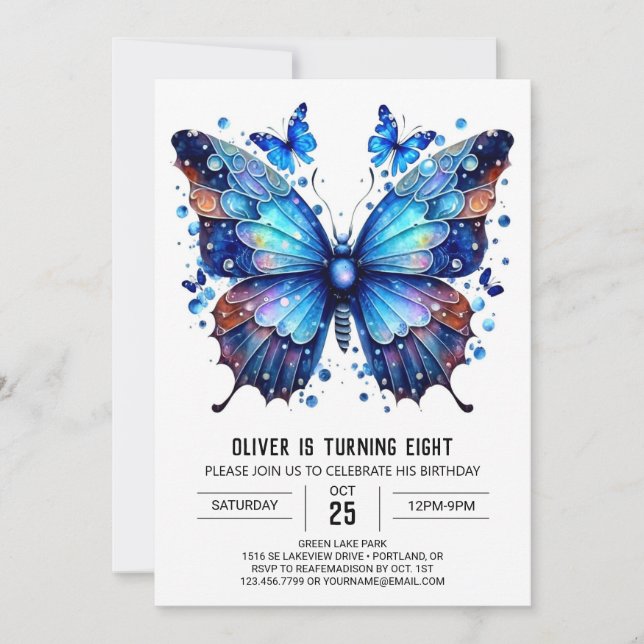 Blue Chic Butterfly Boy Birthday  Invitation (Front)