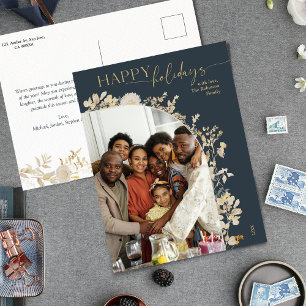 Blue & Chic Gold Happy Holidays Photo  Holiday Postcard