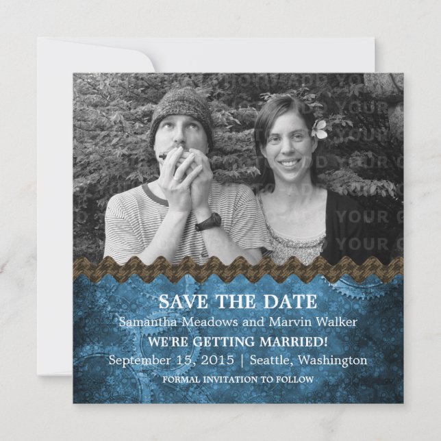 Blue Chic Steampunk Photo Save the Date Invite (Front)