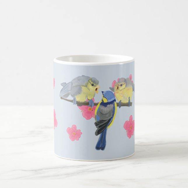 Blue Chickadee family amongst pink Cherry Blossom Coffee Mug (Center)