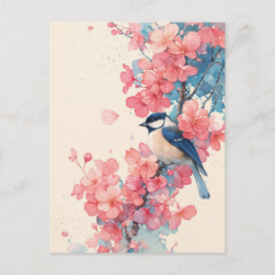 Blue Chickadee on Pink Cherry Blossom Branch Postcard