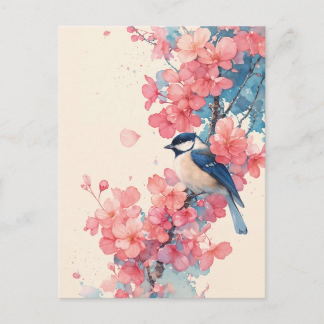 Blue Chickadee on Pink Cherry Blossom Branch Postcard (Front)