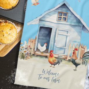 Blue Chicken Coop Farmhouse Dish Towel