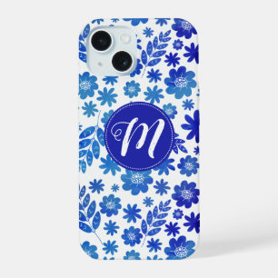 Blue China Hand Drawn Floral Pattern & Monogram iPhone 15 Case