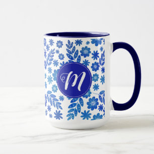 Blue China Hand Drawn Floral Pattern & Monogram Mug
