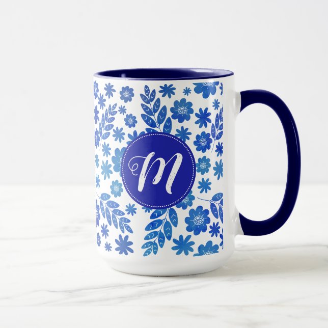 Blue China Hand Drawn Floral Pattern & Monogram Mug (Right)