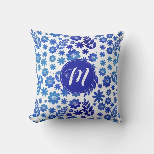 Blue China Hand Drawn Floral Pattern & Monogram Throw Pillow (Front)