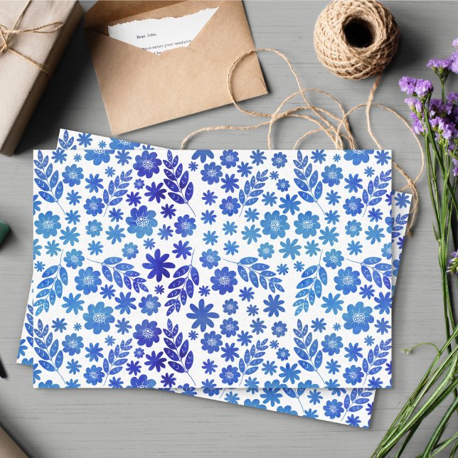 Blue China Hand Drawn Floral Pattern Tissue Paper (Blue China Floral Print Tissue Paper)