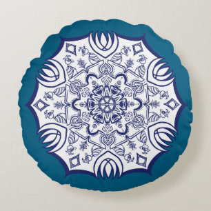 Blue China Mandela Round Pillow