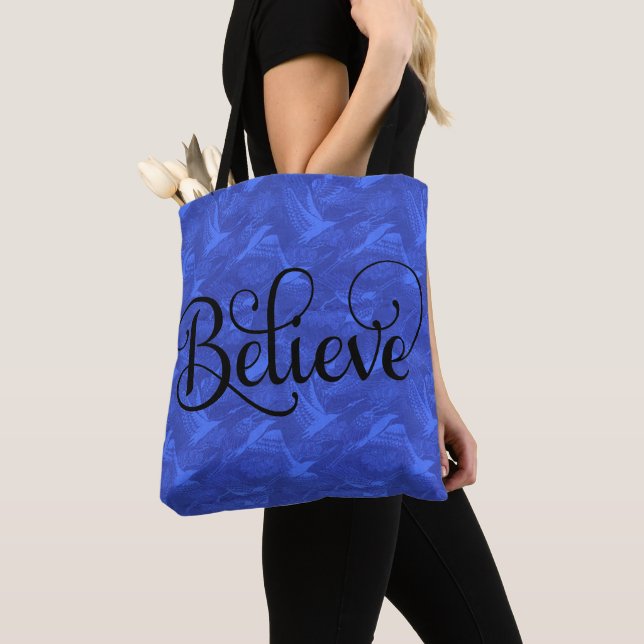 Blue China Tote "Believe" Bag (Close Up)