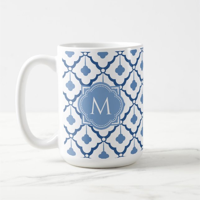 Blue Chinese Ceramic Pattern with Monogram Coffee Mug (Left)