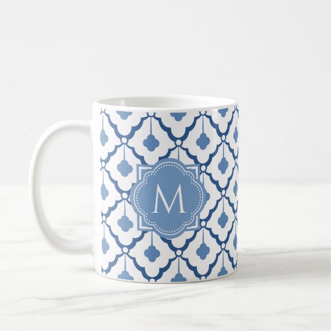 Blue Chinese Ceramic Pattern with Monogram Coffee Mug (Left)