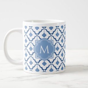 Blue Chinese Ceramic Pattern with Monogram Large Coffee Mug